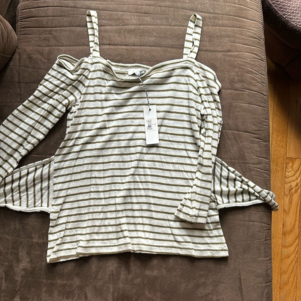 NWT cold shoulder olive green and white striped lucky brand top